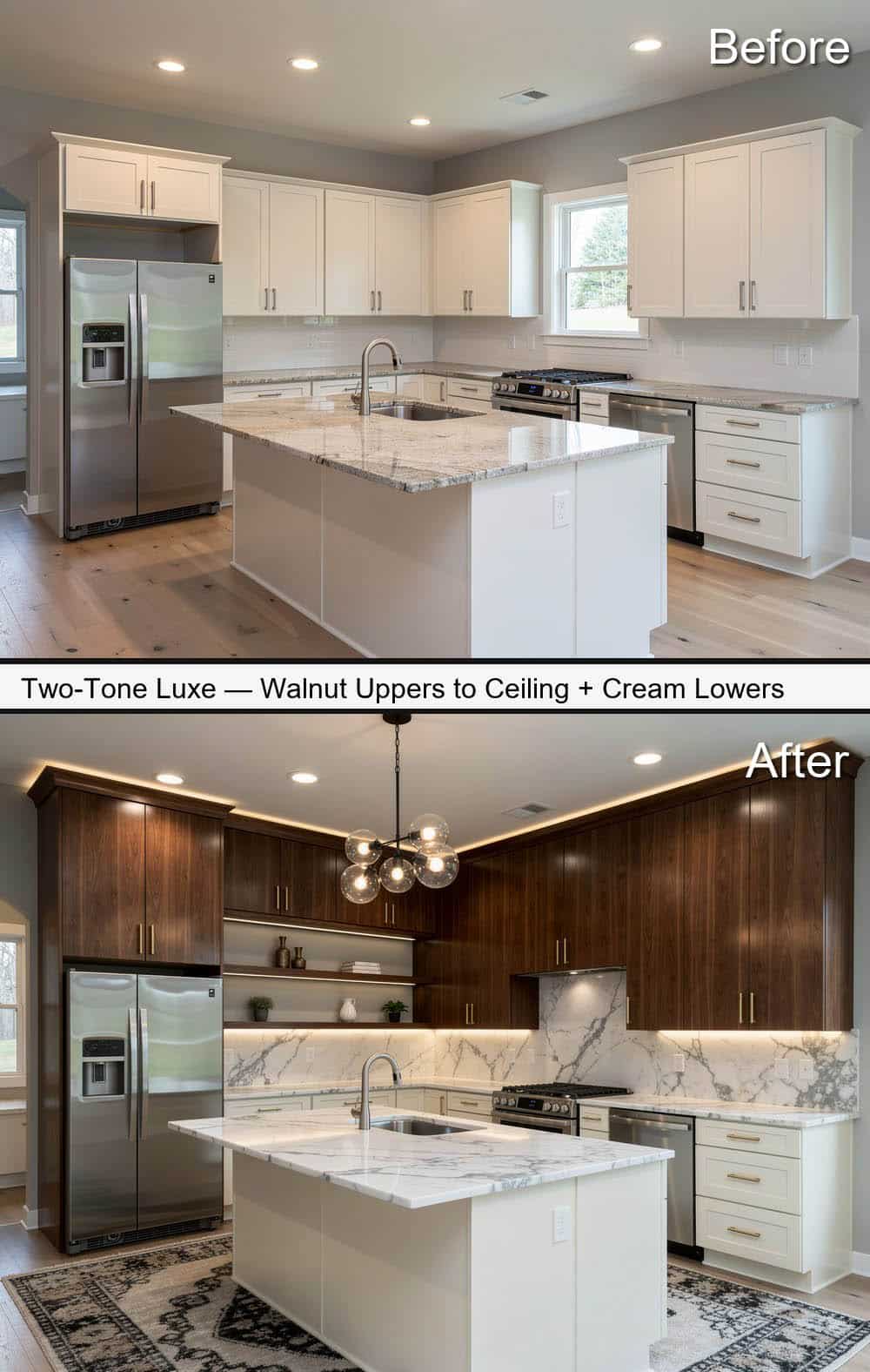 Walnut & Cream Two-Tone Kitchen with Marble Slab Surfaces