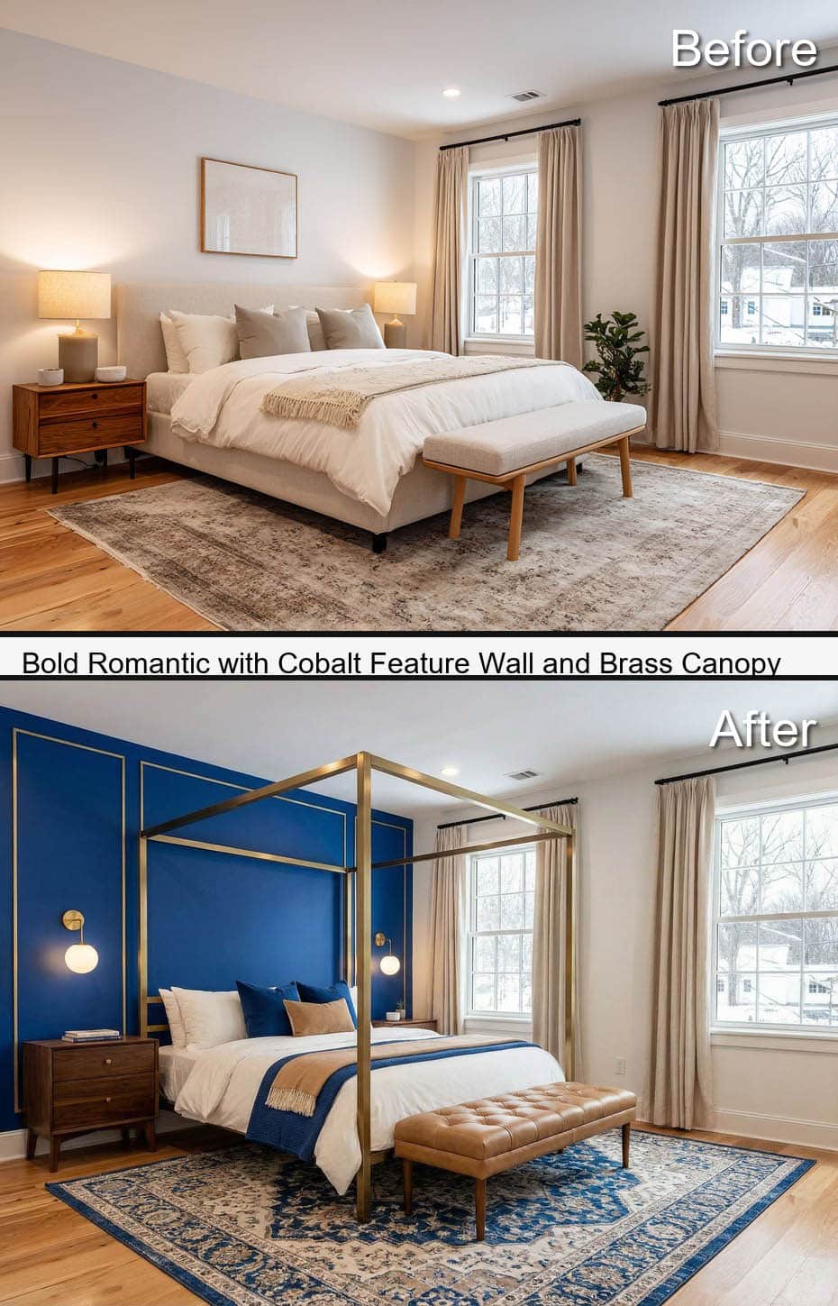 Bold Bedroom Suite with Cobalt Feature Wall and Brass Canopy Bed