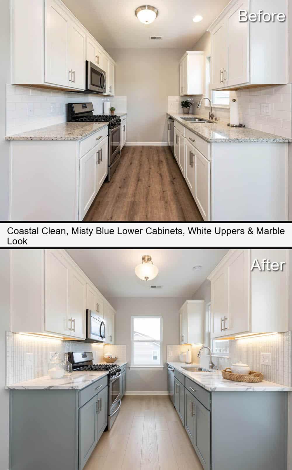 Coastal Kitchen with Misty Blue Lower Cabinets, White Uppers and a Marble-Look Counter