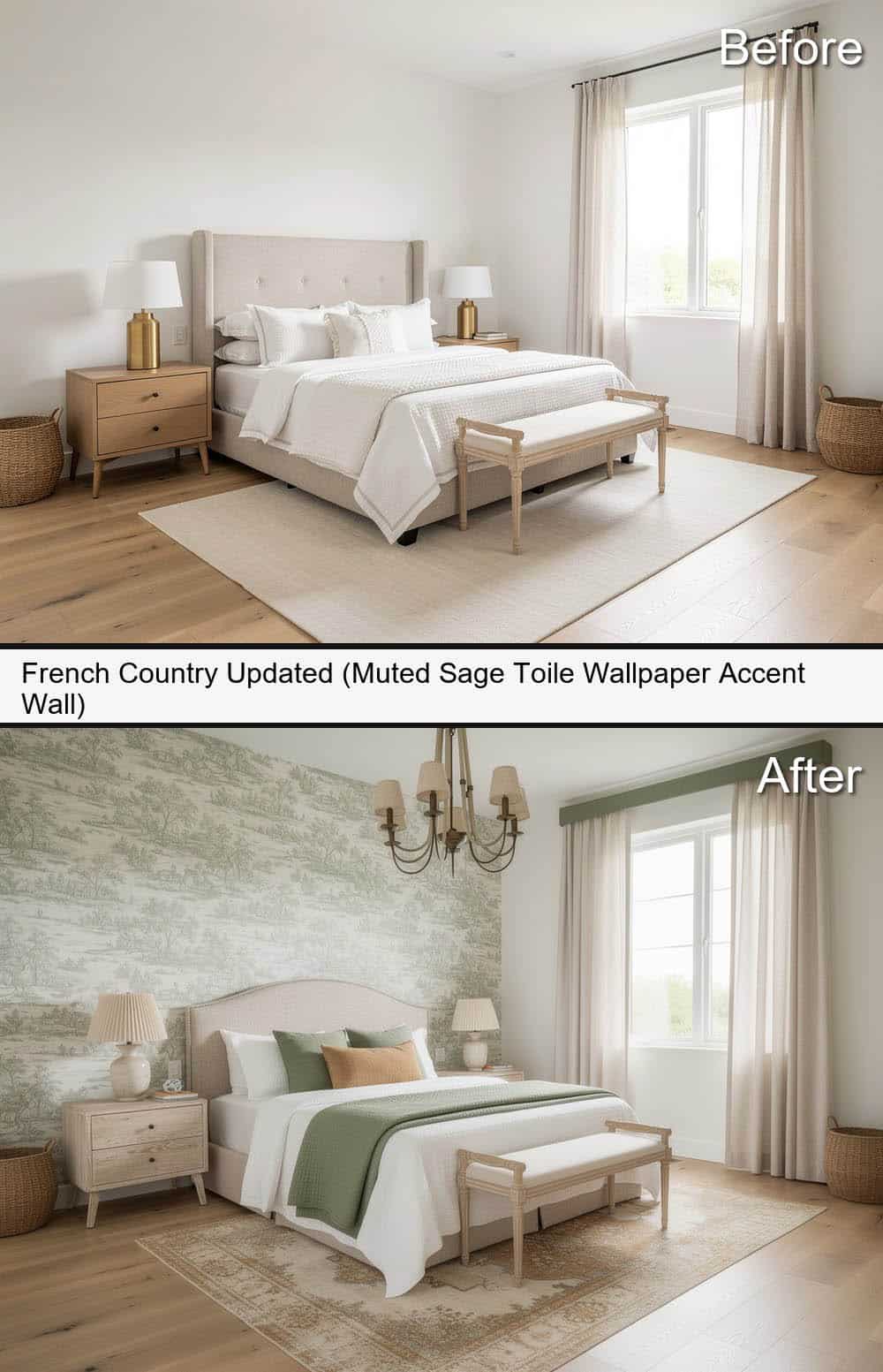 French Country Updated (Muted Sage Toile Wallpaper Accent-Wall)