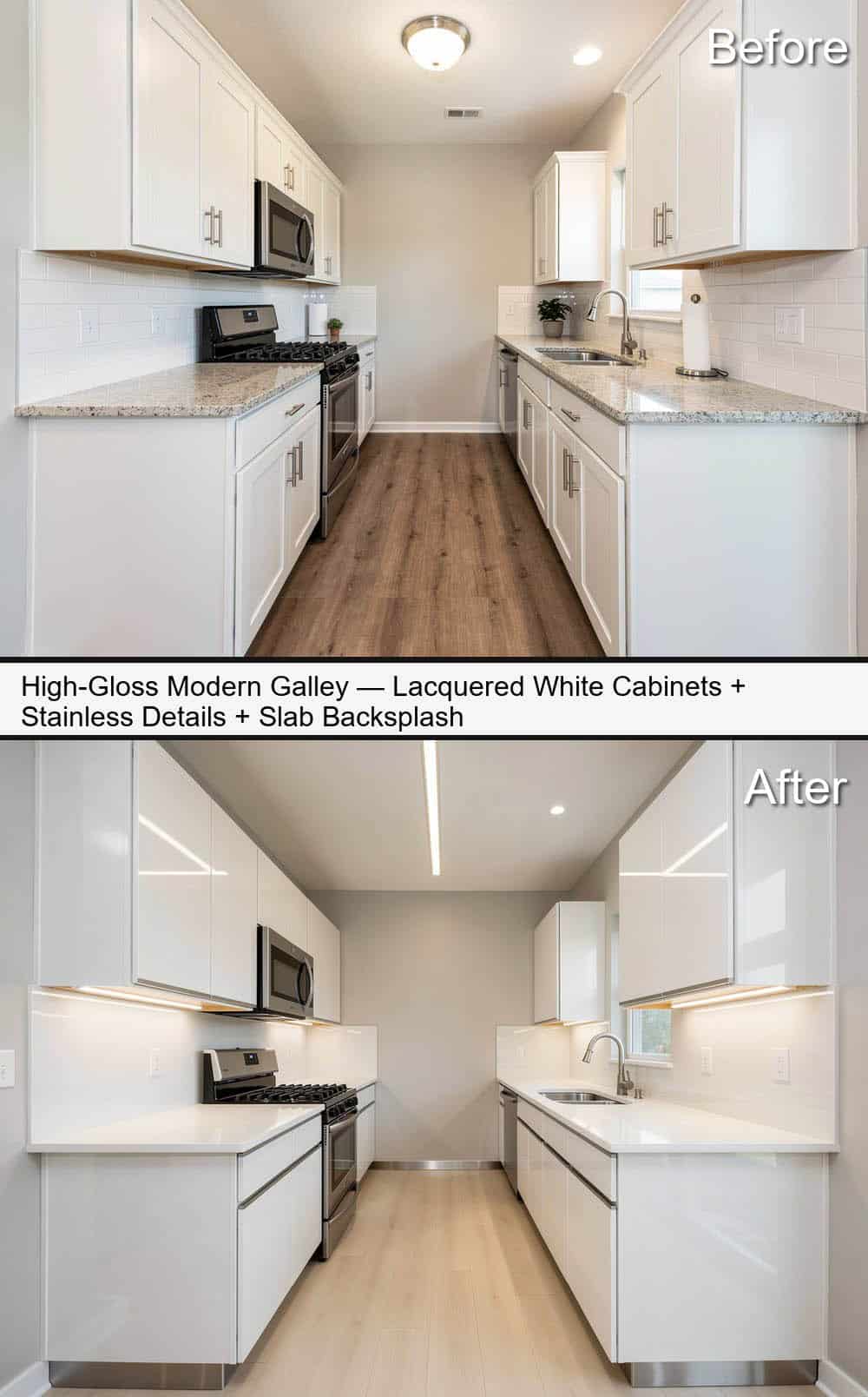 High-Gloss Lacquered White Cabinets Kitchen, Stainless Details and a Slab Backsplash