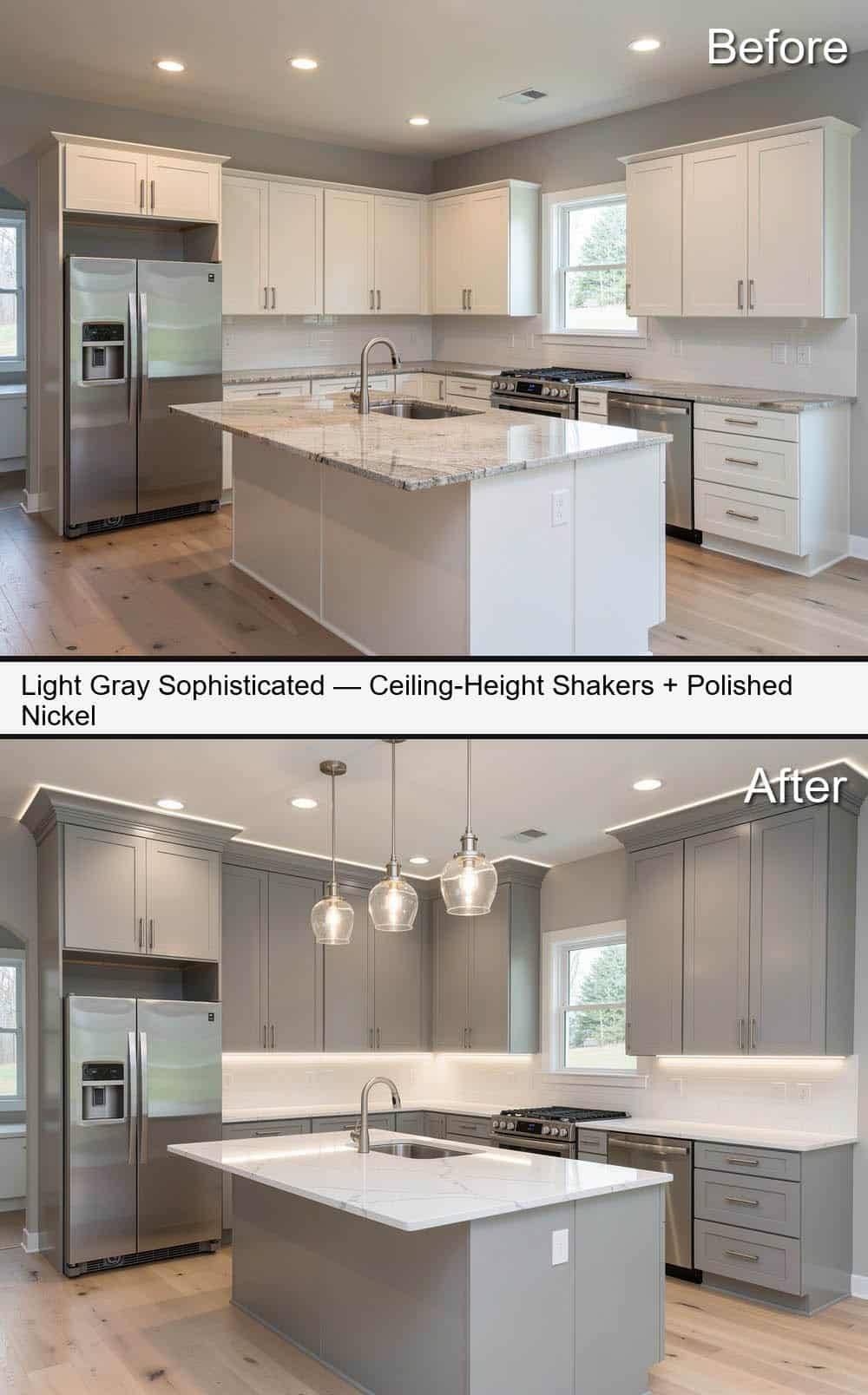 Tailored Gray Shaker Kitchen with Polished Nickel Hardware