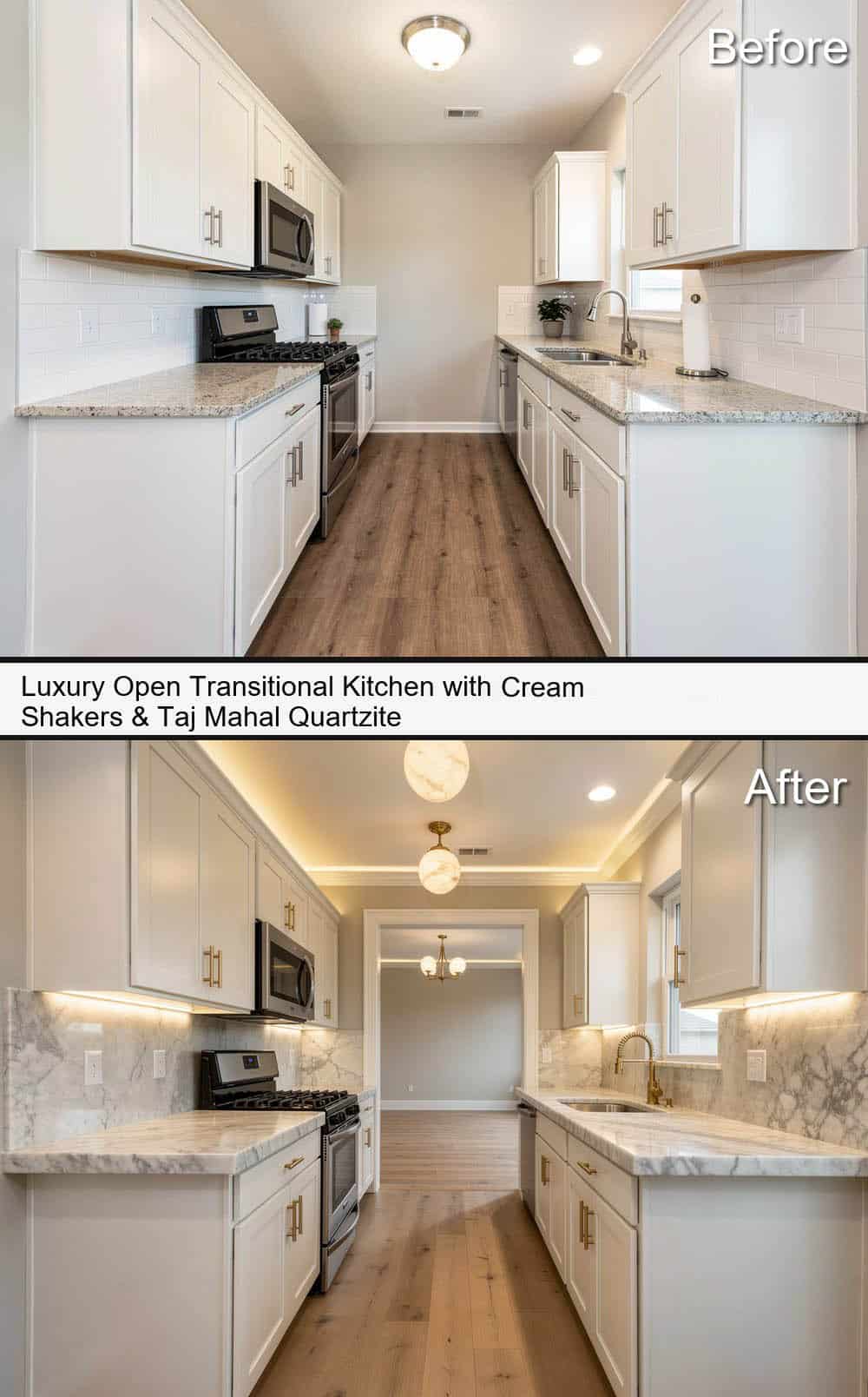 Luxury Open Transitional Kitchen with Cream Shakers and Taj Mahal Quartzite