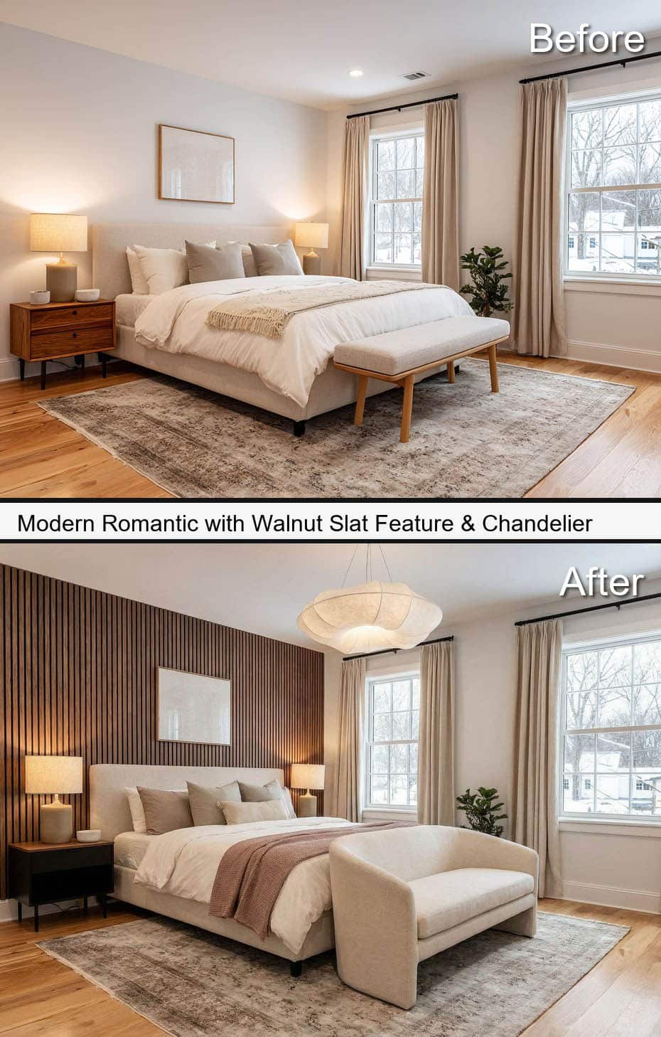 Bedroom with Walnut Slat Feature & Chandelier