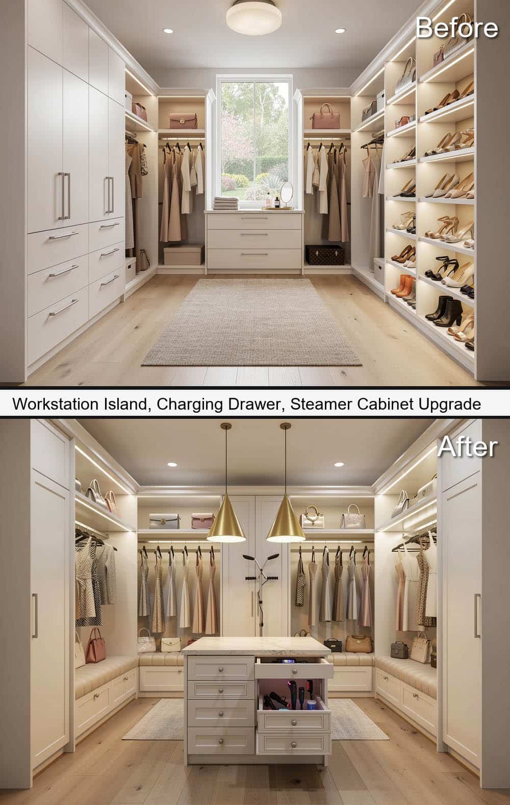 Workstation Island, Charging Drawer, with Steamer Cabinet Upgrade