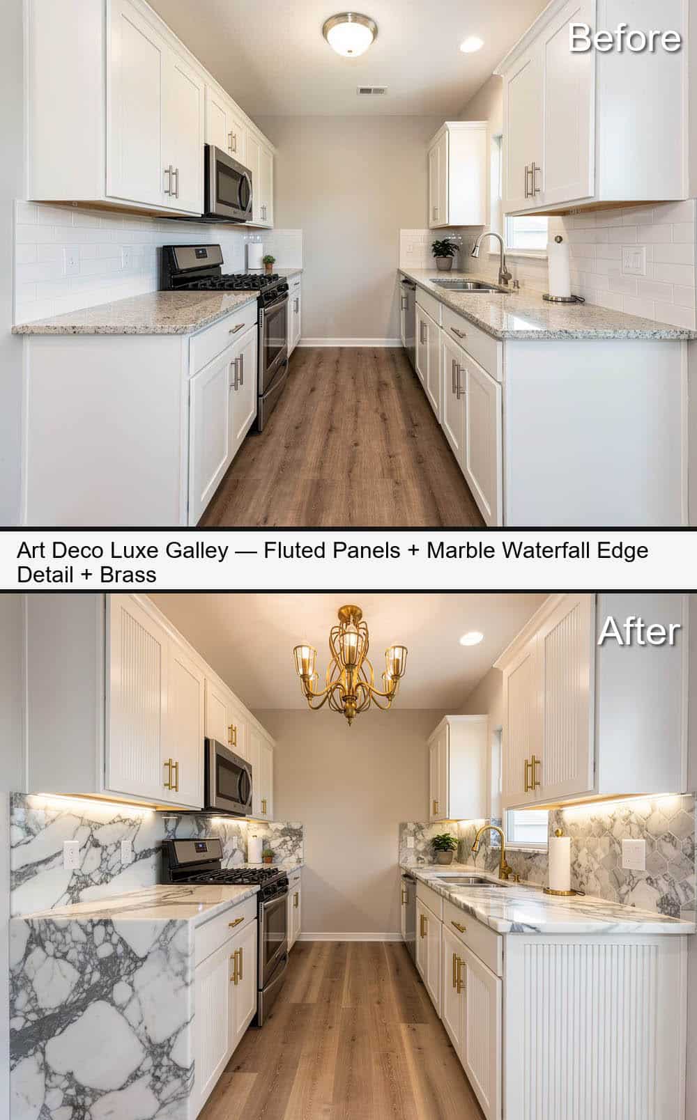 Art Deco Kitchen with Fluted Panels, Marble Waterfall Detail and Brass