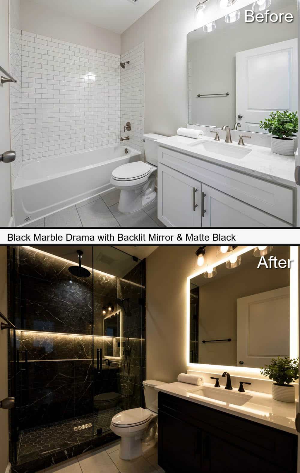 Black Marble Drama with Backlit Mirror & Matte Black