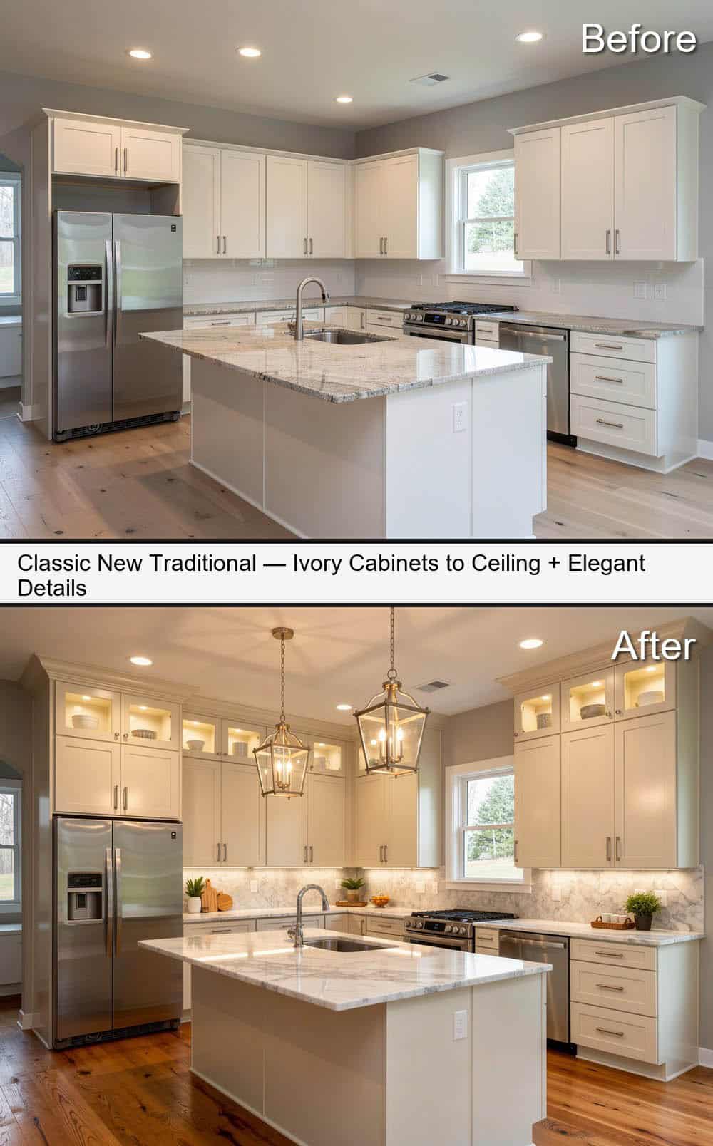 Ivory New Traditional Kitchen with Lit Display Uppers