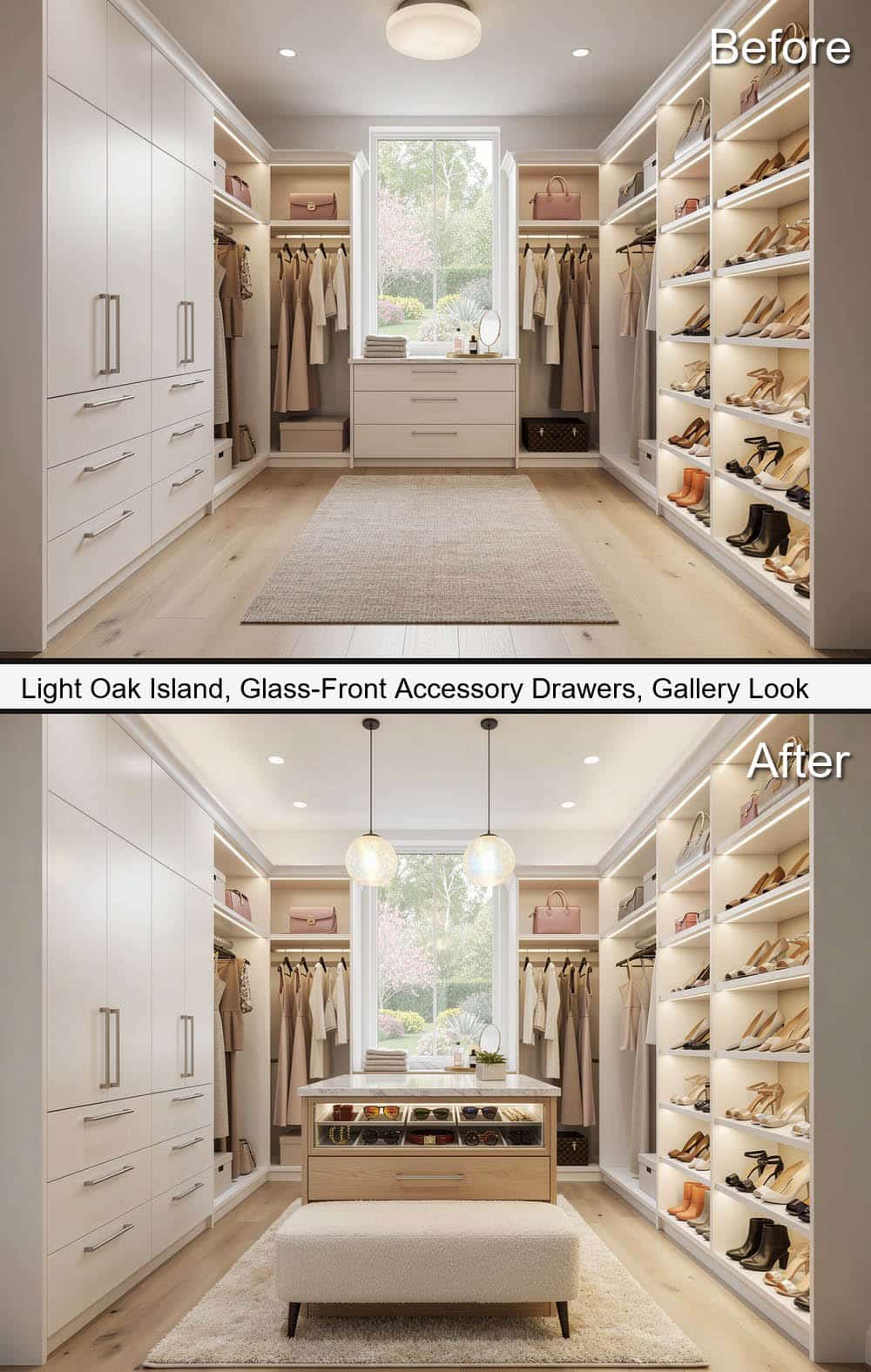 Light-Oak Island, Glass Front Accessory Drawers, with a Gallery Look