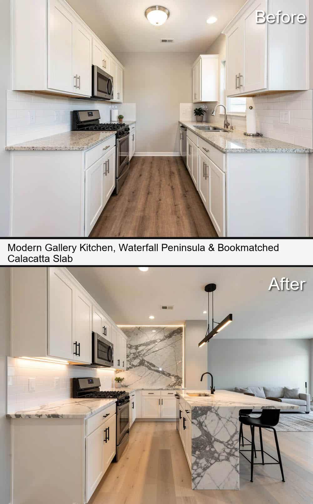 Kitchen with Waterfall Peninsula and Bookmatched Calacatta Slab