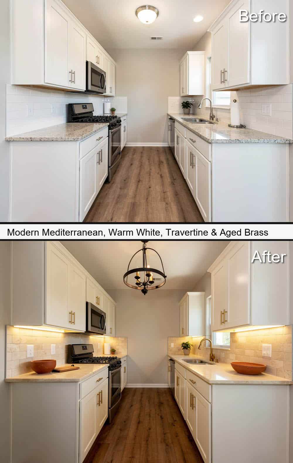Modern Mediterranean Kitchen with Warm White Cabinets, Travertine and Aged Brass
