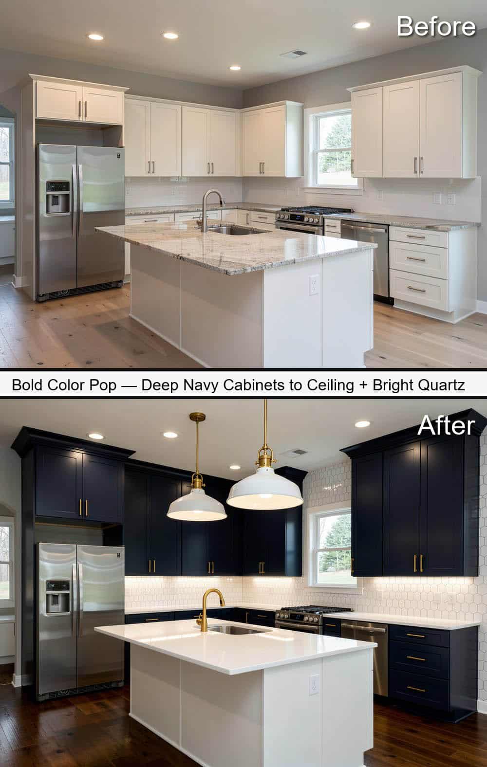 Bold Navy Kitchen Cabinets with Bright Quartz and Brass Finishes