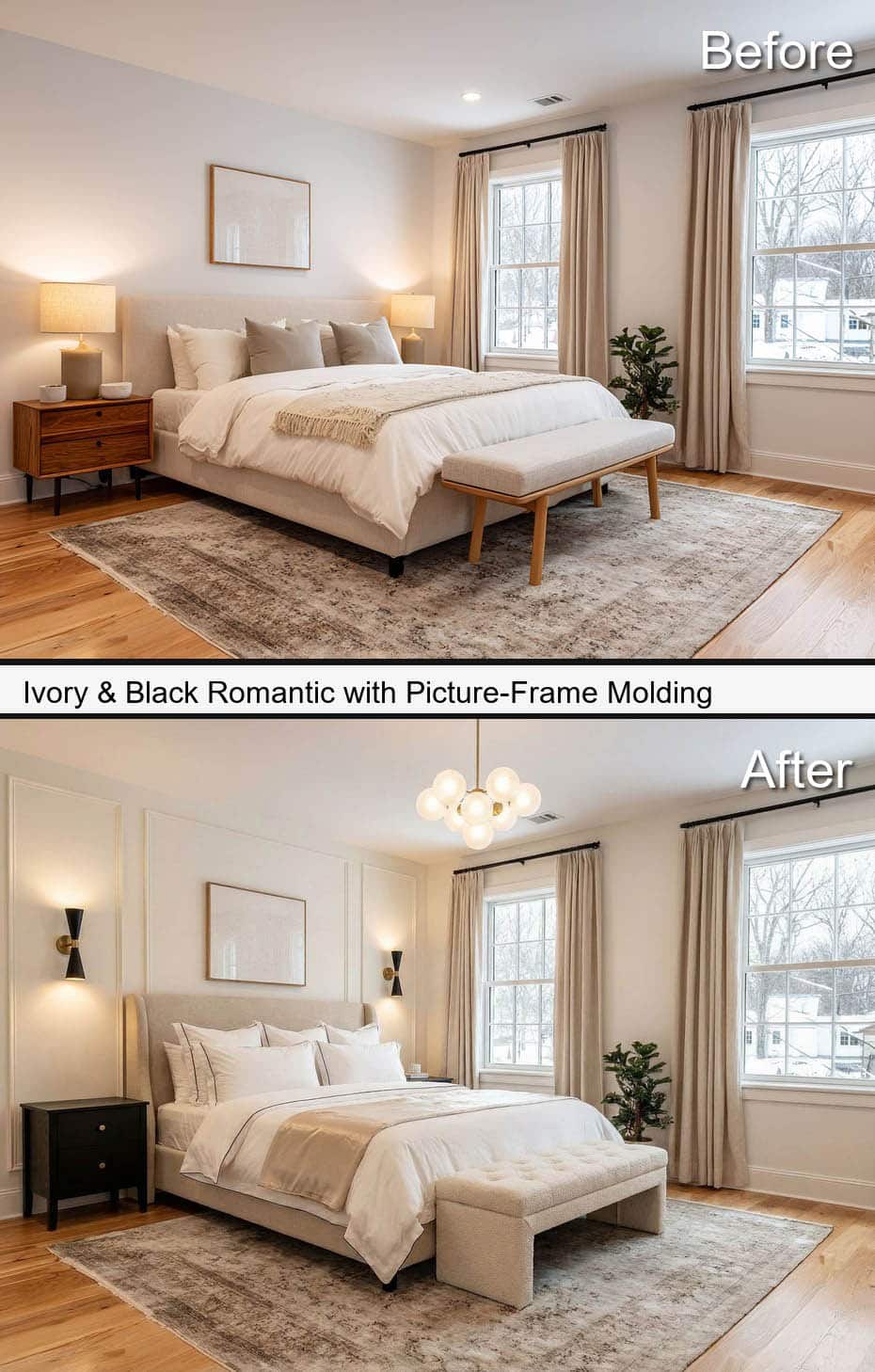 Ivory & Black Romantic Bedroom with Picture-Frame Molding