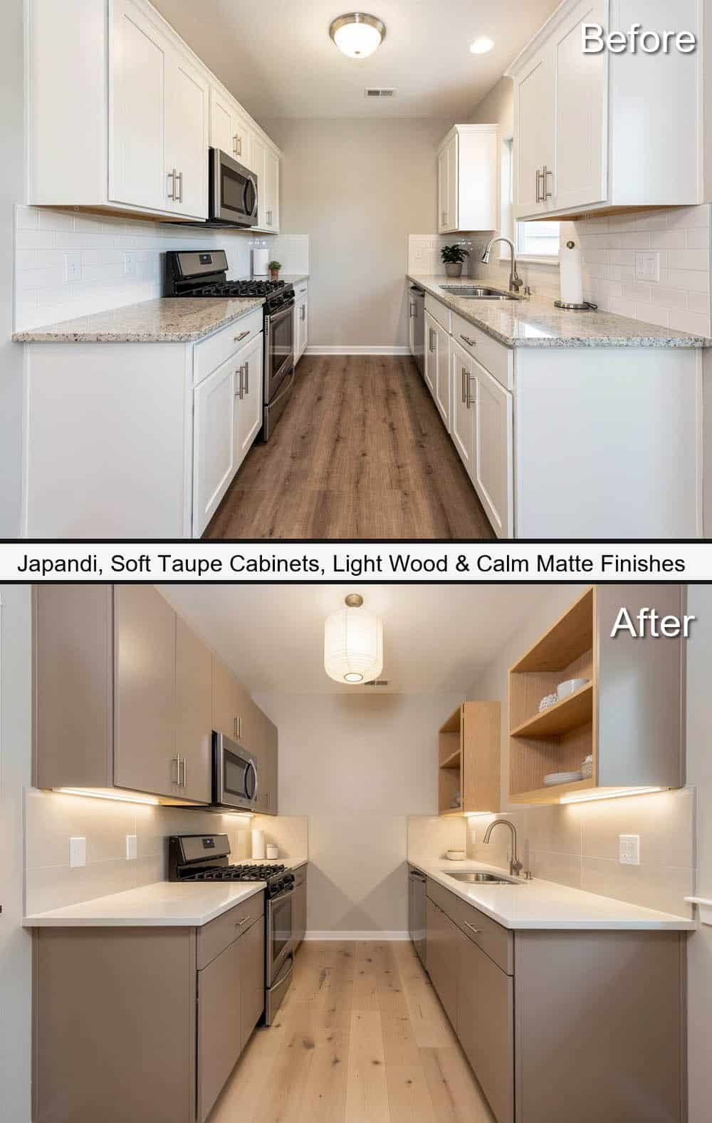 Japandi Kitchen with Soft Taupe Cabinets, Light Wood & Calm Matte Finishes