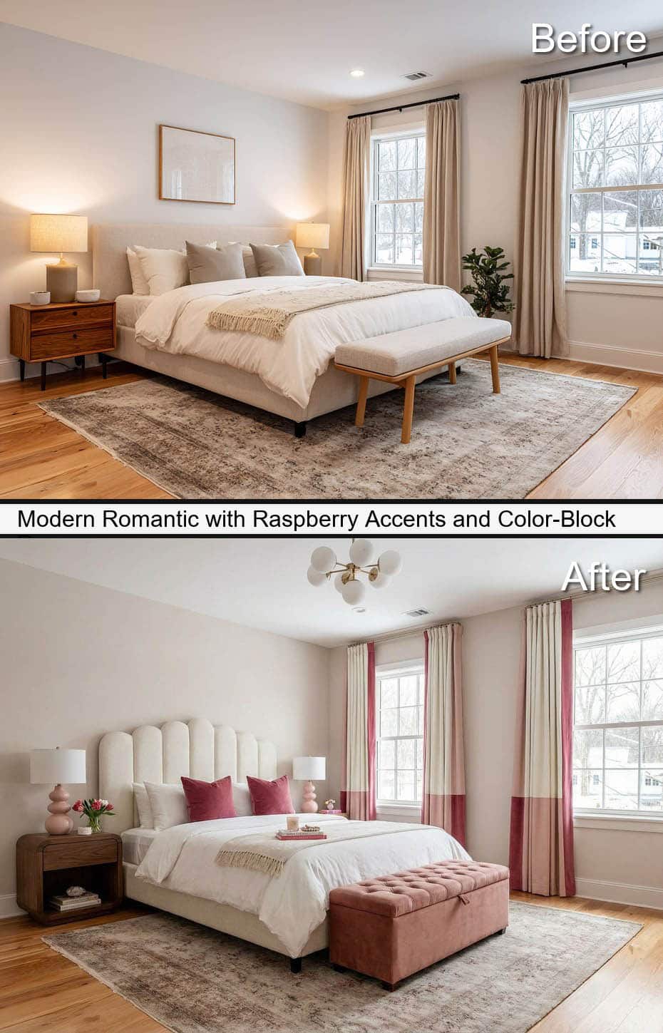 Colorful Bedroom with Raspberry Accents and Color-Block Drapery