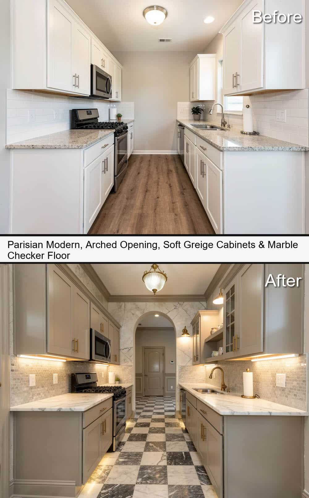 Modern Parisian Kitchen with Arched Opening, Soft Greige Cabinets & Marble Checker Floor