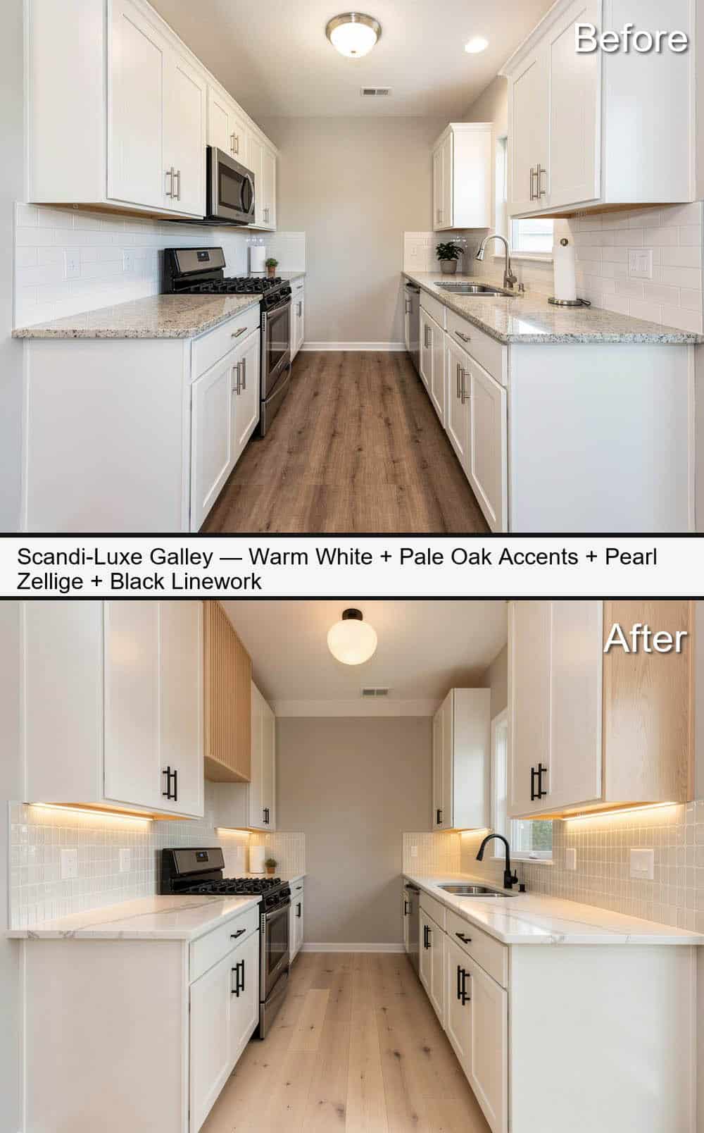 Scandi-Luxe Kitchen&nbsp; with Warm-White Cabinets, Pale Oak Accents, Pearl Zellige & Black Linework