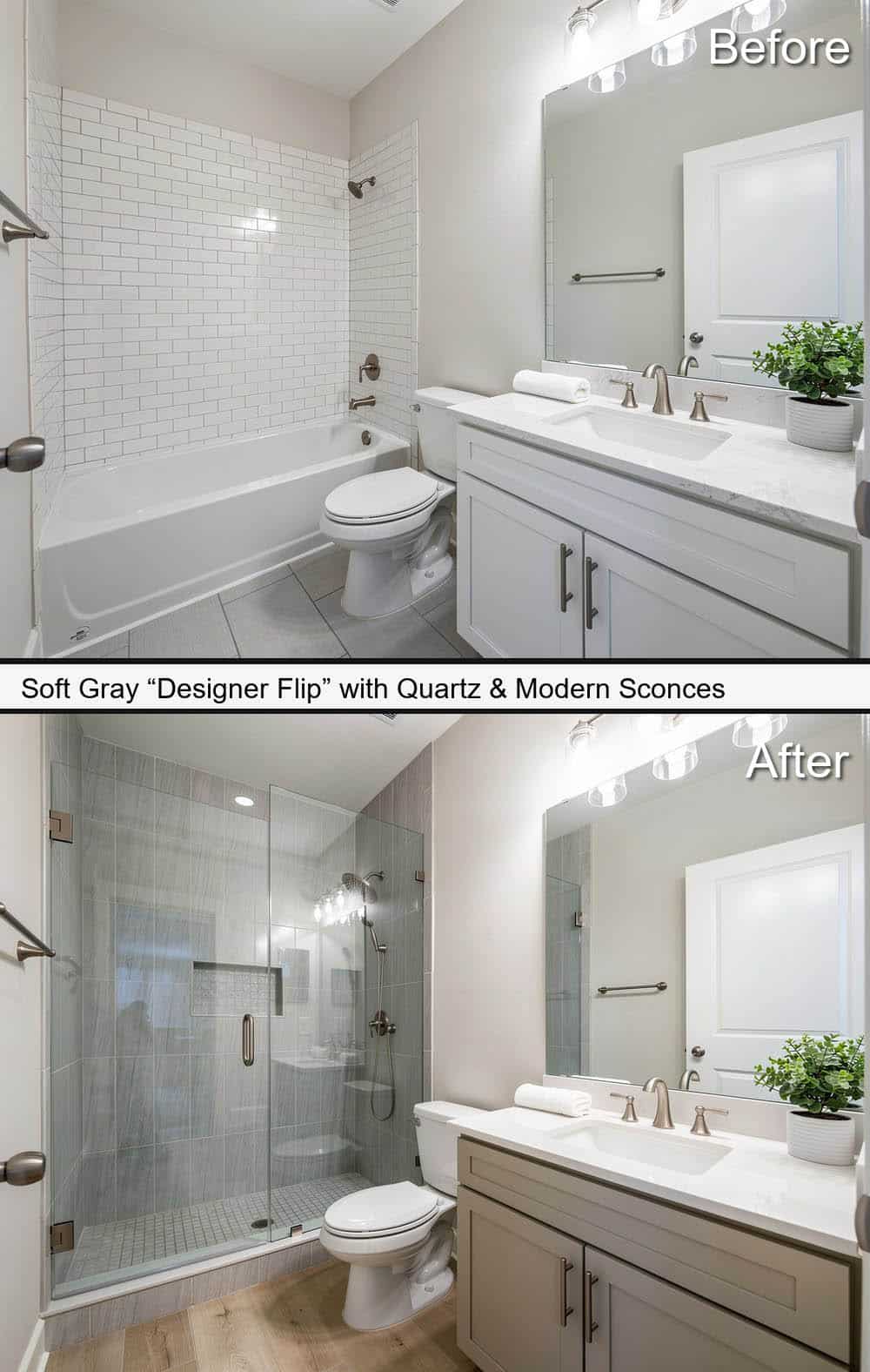 Soft Gray Designer Flip Bathroom with Quartz & Modern Sconces