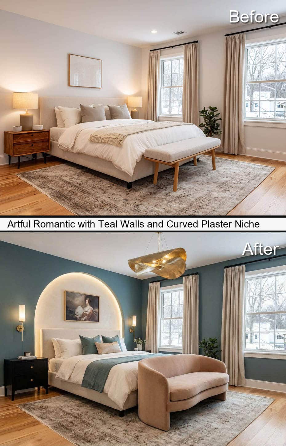 Artful Bedroom with Teal Walls and Curved Plaster Niche Headboard