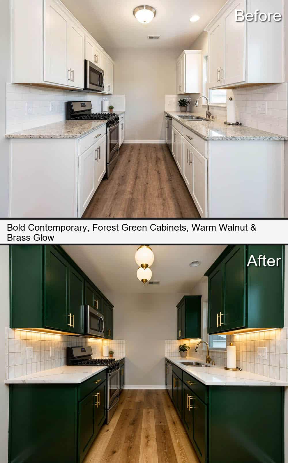 Bold Kitchen with Forest Green Cabinets, Warm Walnut Tones & Brass Glow