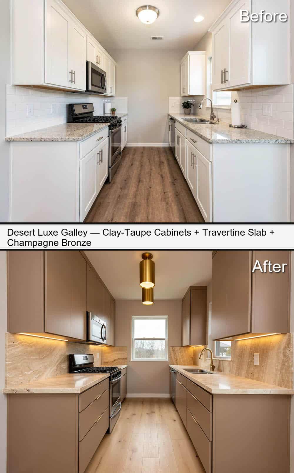 Desert Luxe Galley with Clay-Taupe Cabinets, Travertine Slab & Champagne Bronze