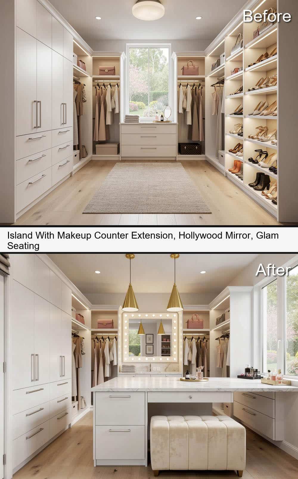 Island with Makeup Counter Extension, Hollywood Mirror, with Glam Seating