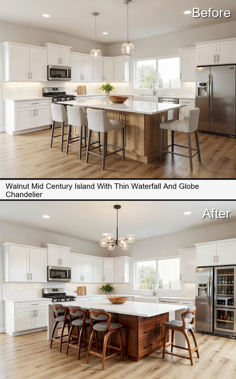 Walnut Mid-Century Island With Thin Waterfall And Globe Chandelier