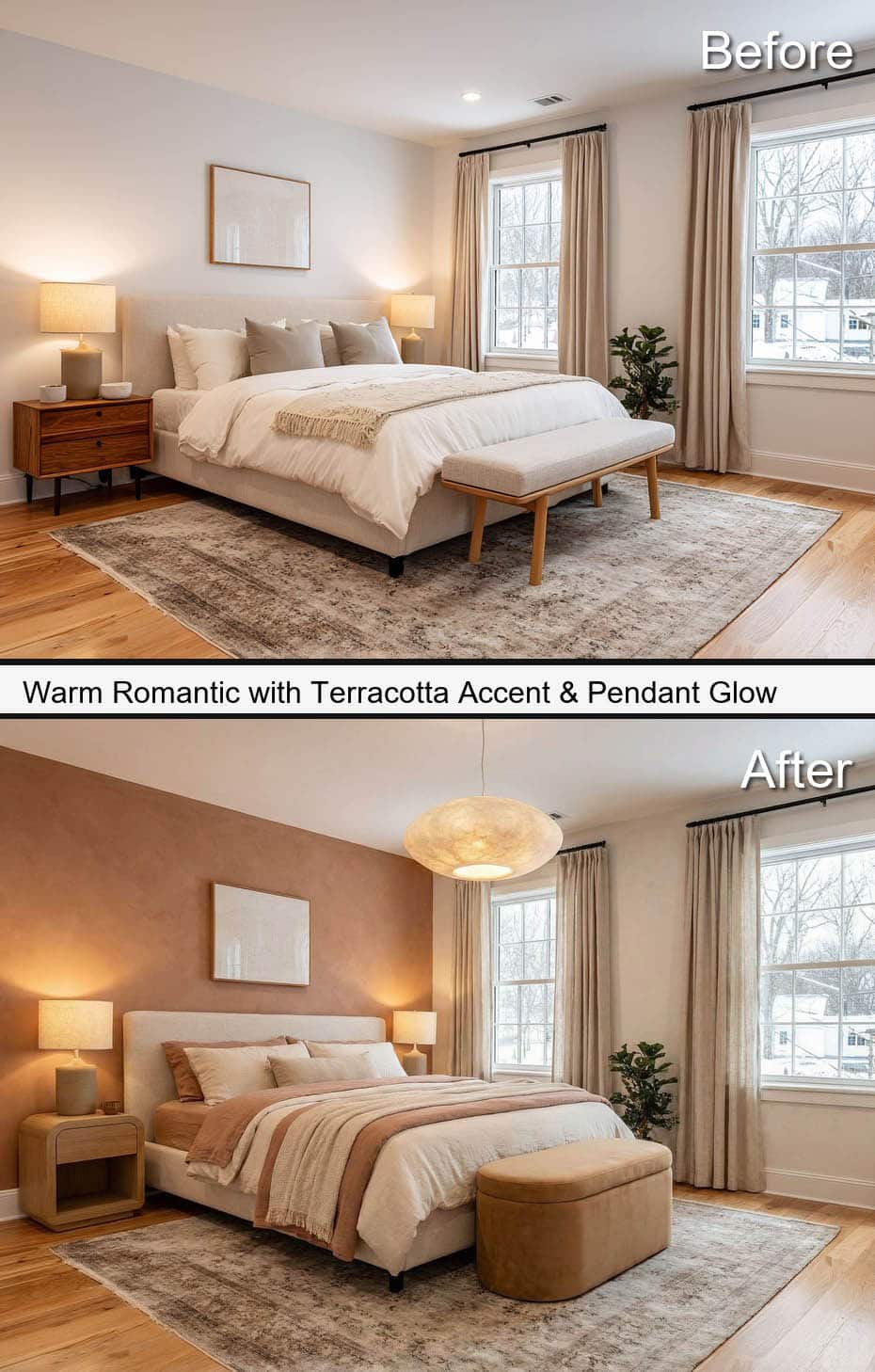 Warm Bedroom with Terracotta Accent & Pendant Glow