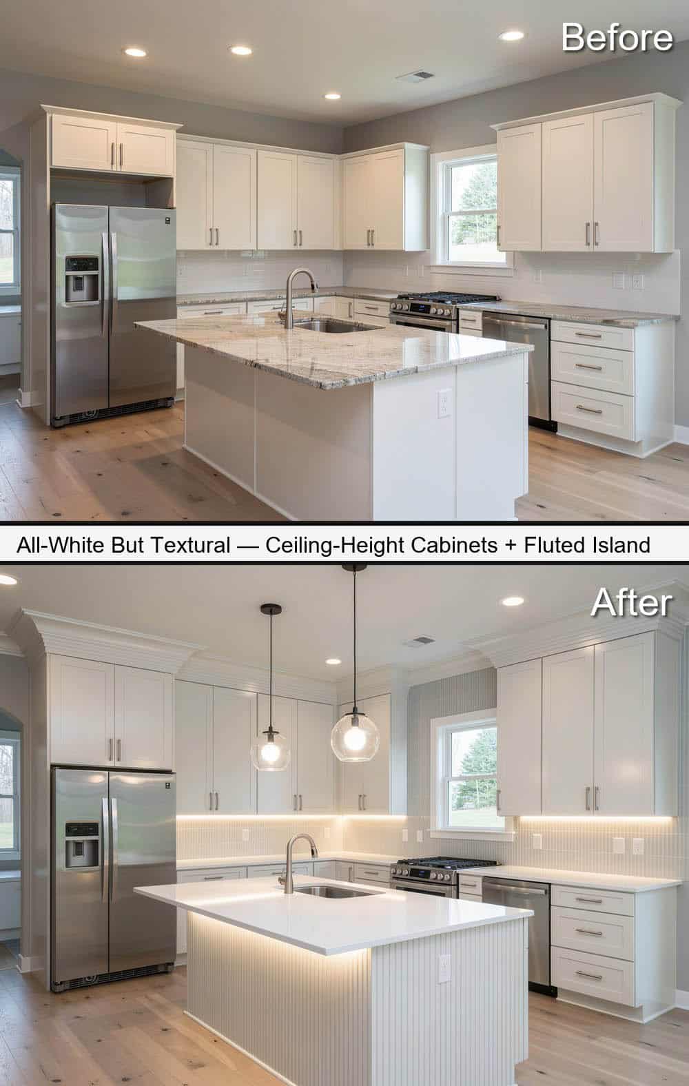 All-White Kitchen with a Fluted Island and Soft Glow Lighting