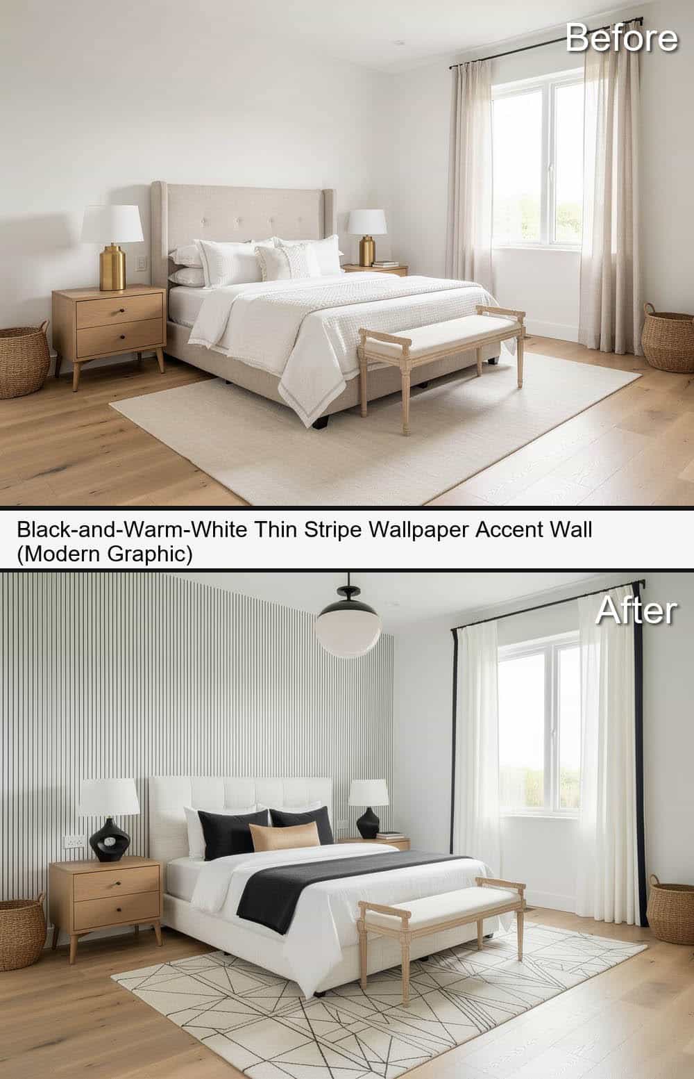 Black-and-Warm-White Thin Stripe Wallpaper Accent-Wall (Modern Graphic)&nbsp;
