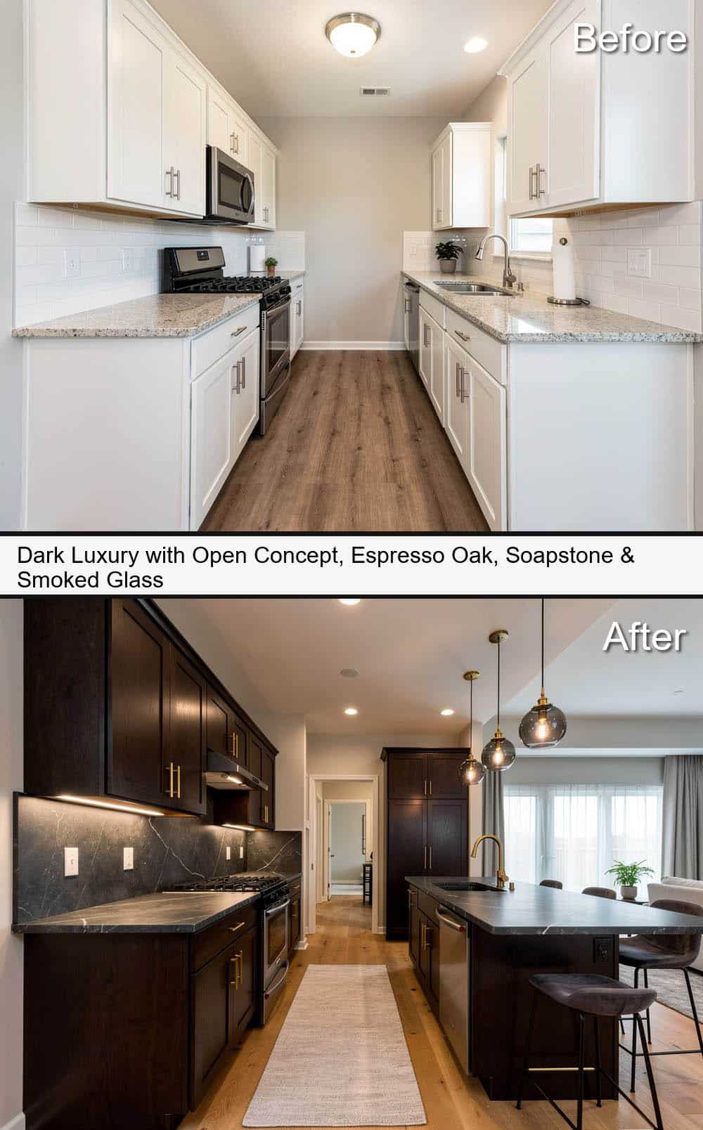 Dark Luxury Open-Concept Kitchen with Espresso Oak, Soapstone & Smoked Glass