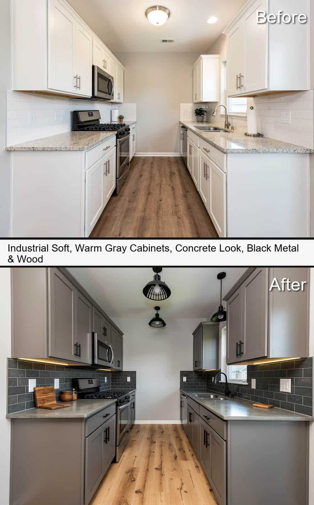 Industrial Soft Kitchen with Warm Gray Cabinets, Concrete Look & Black Metal