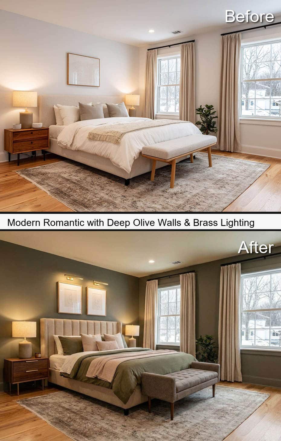 Modern Bedroom with Deep Olive Walls & Brass Lighting