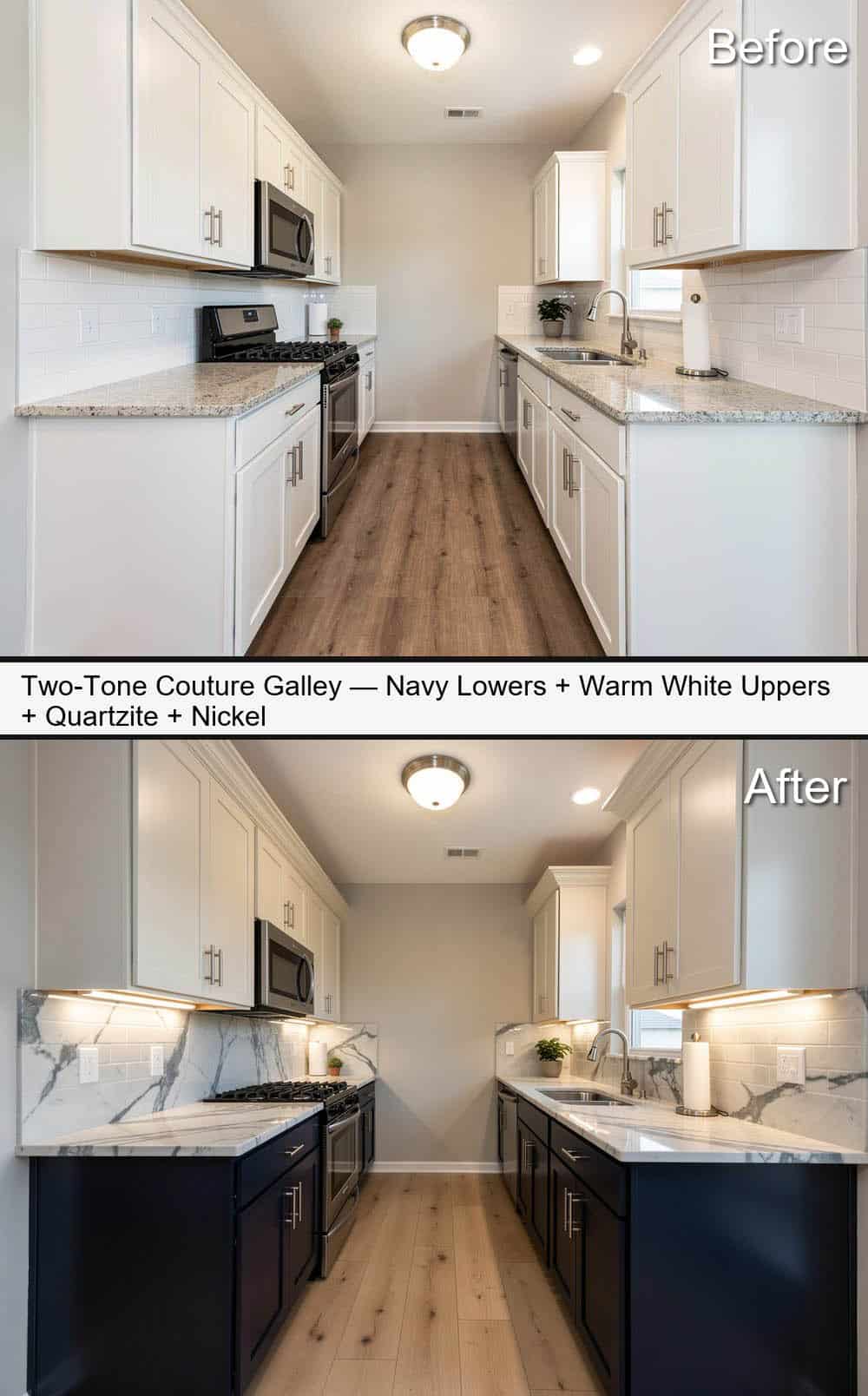 Two-Tone Couture Galley with Navy Lowers, Warm White Uppers, Quartzite & Nickel