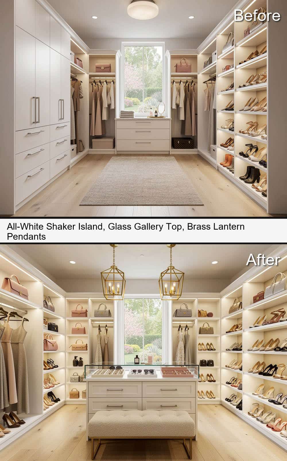 All White Shaker Island, Glass Gallery Top, with Brass Lantern Pendants