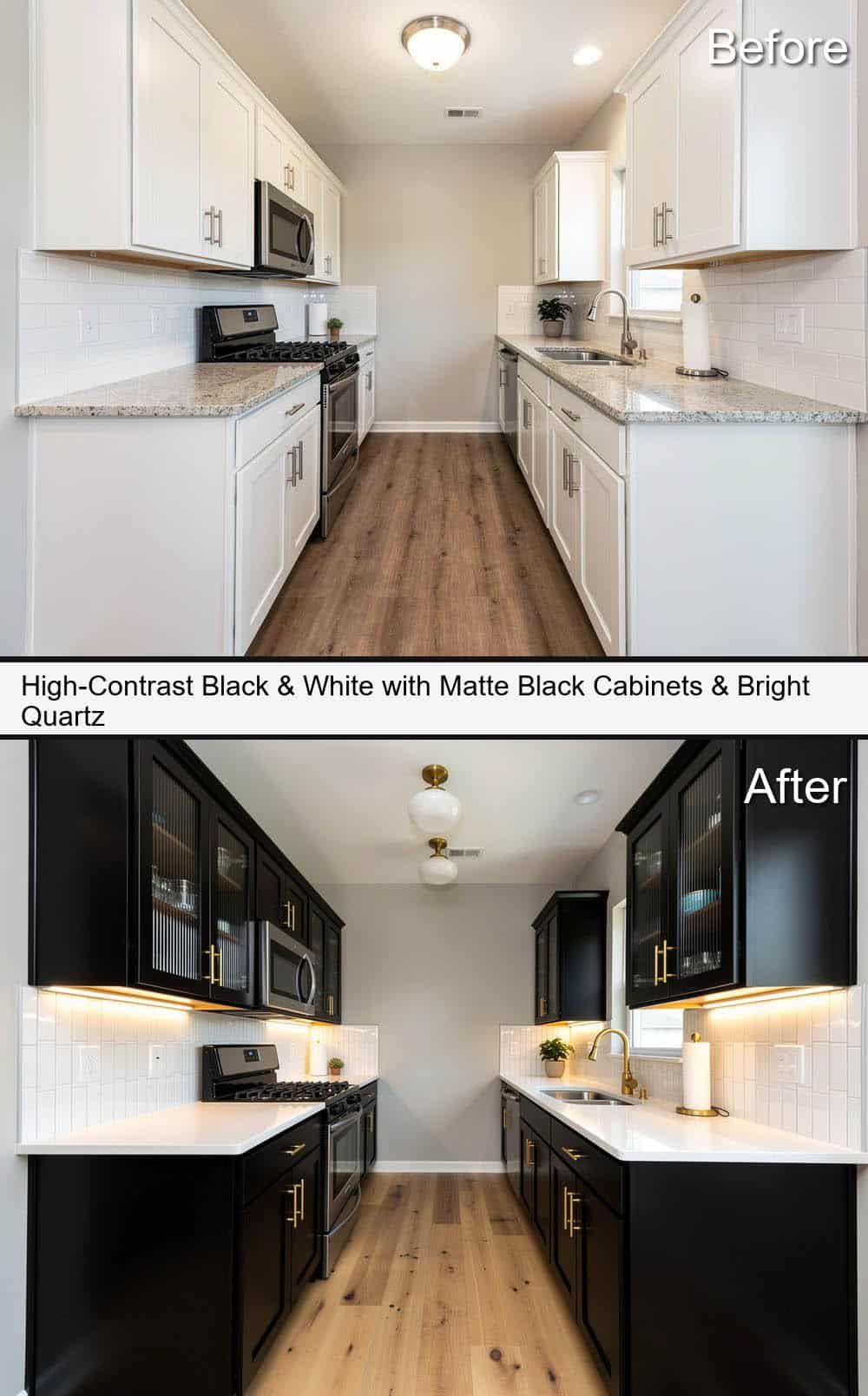 High-Contrast Black & White Galley with Matte-Black Cabinets and Bright Quartz