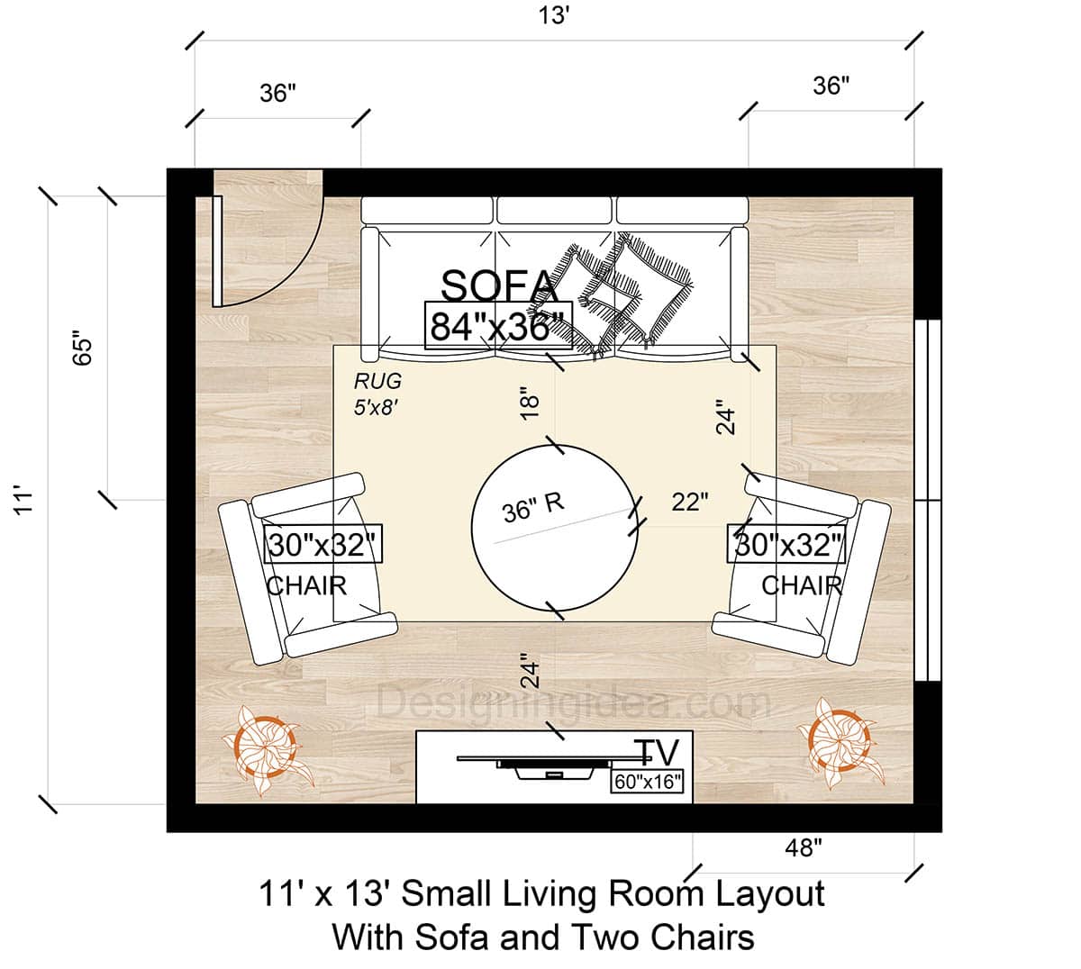11x13 Living Area Floor Plan With Sofa and Two Chairs