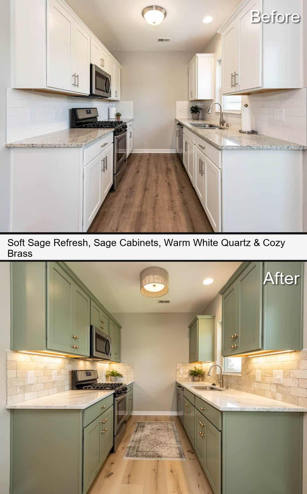 Kitchen with Sage Cabinets, Warm White Quartz & Cozy Brass