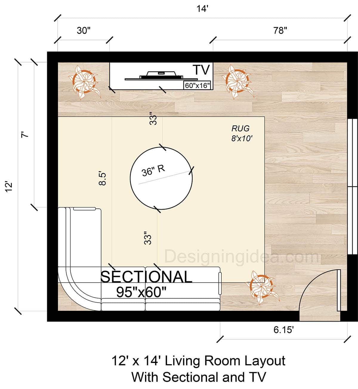 12x14 Living Area Layout With Sectional and TV