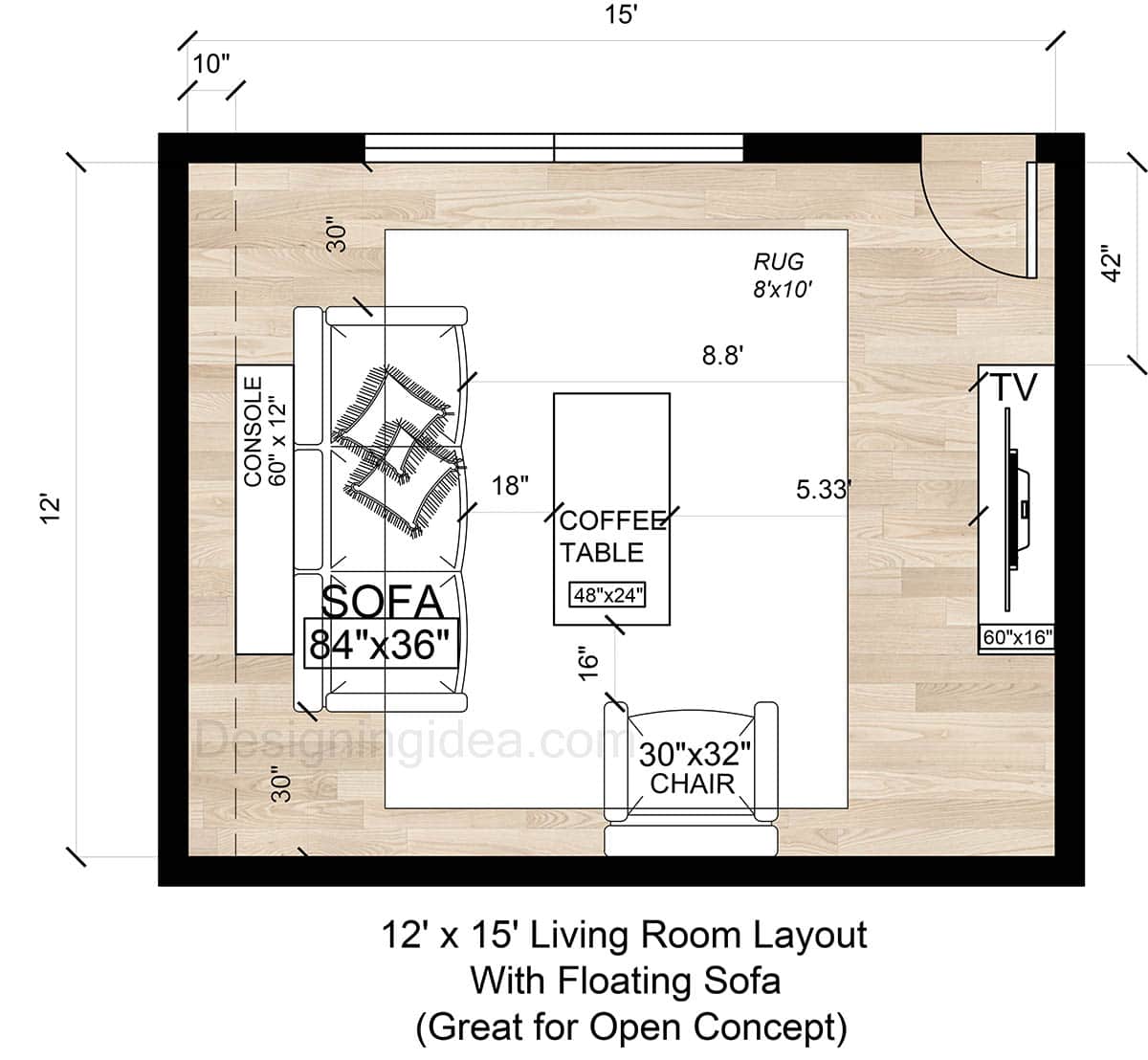 12x15 Living Space Floor Plan With Floating Sofa&nbsp;