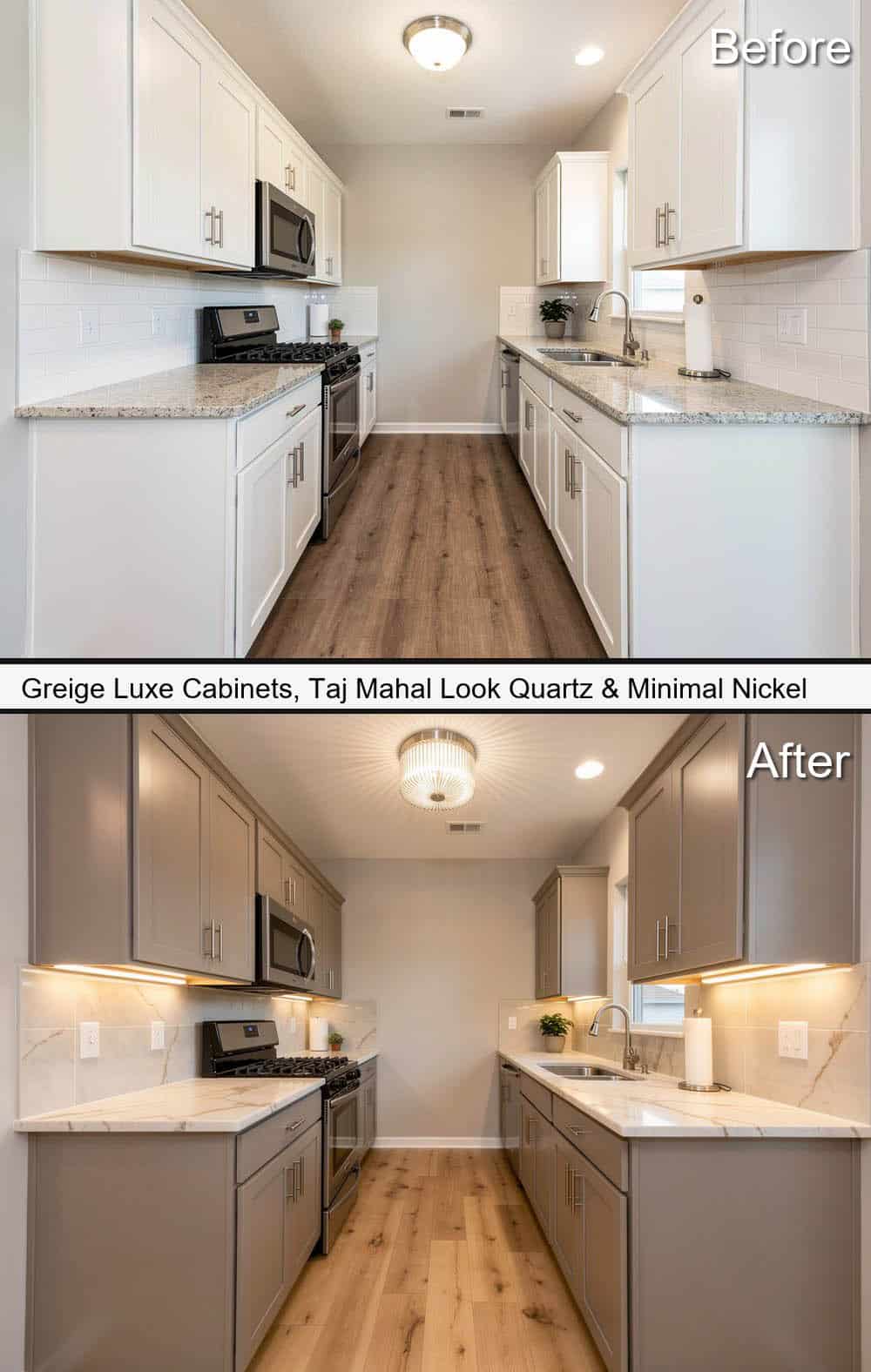 Greige Luxe Cabinets with “Taj Mahal” Quartz Look & Nickel Hardware