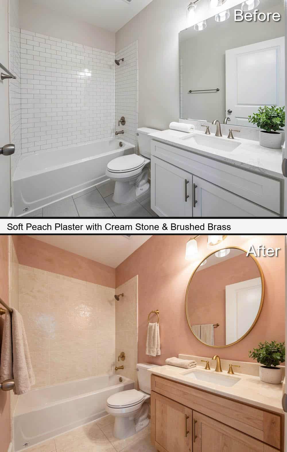 Soft Peach Plaster with Cream Stone & Brushed Brass