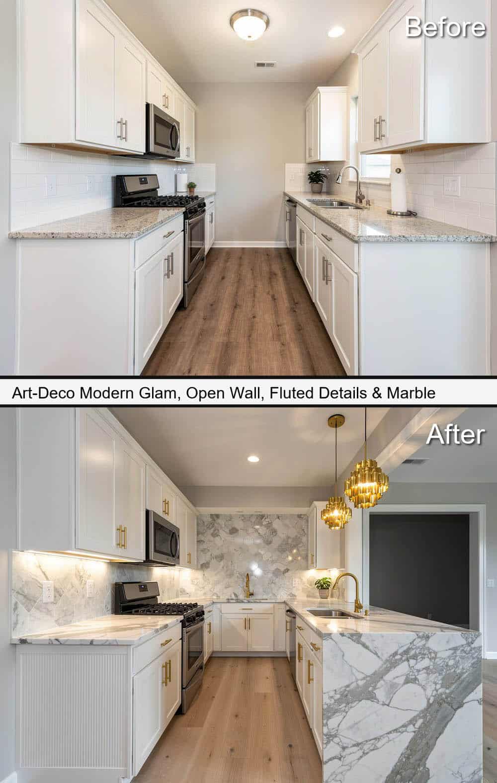 Art-Deco Modern Glam with Open Wall, Fluted Details & Marble