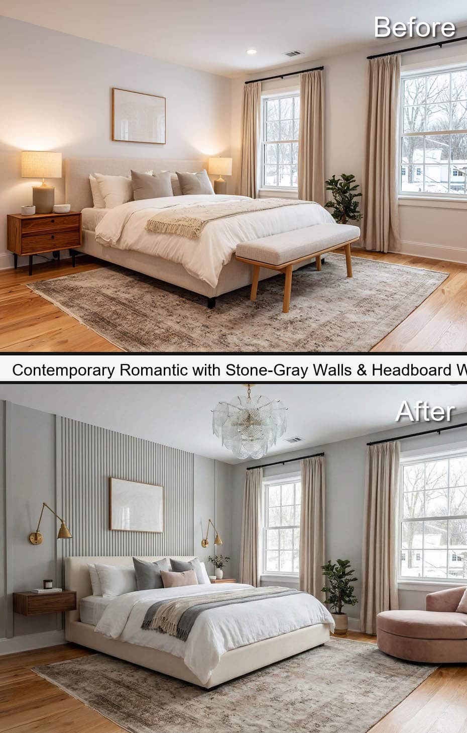Contemporary Style Bedroom with Stone-Gray Walls & Headboard Wall