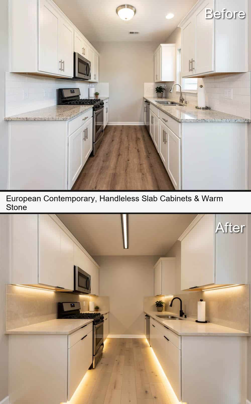 European Contemporary with Handleless Slab Cabinets & Warm Stone