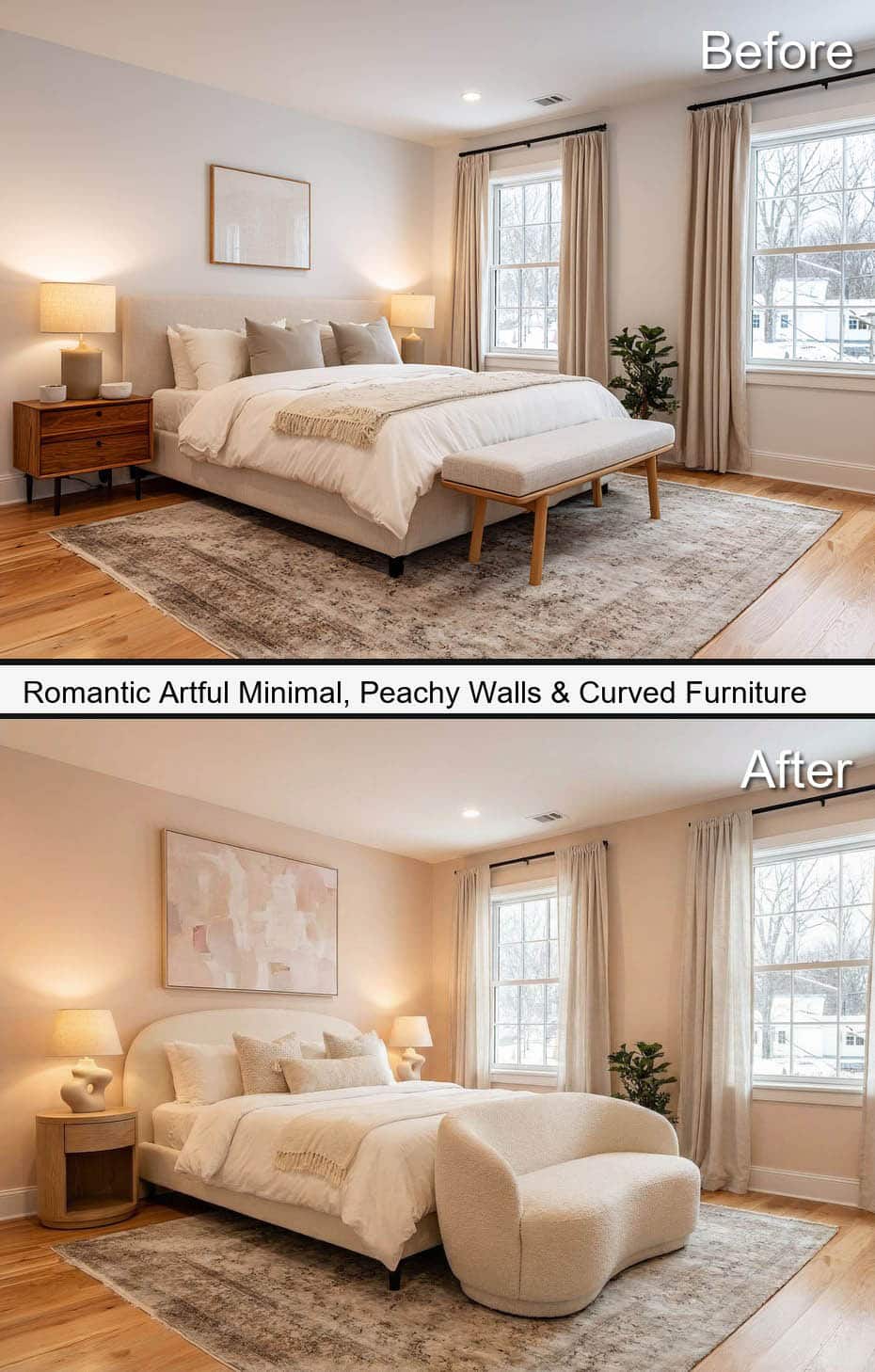 Artful Minimal Bedroom with Peachy Walls & Curved Furniture