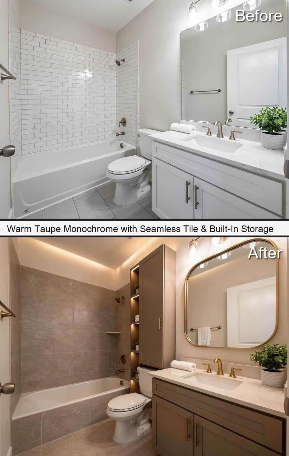 Warm Taupe Monochrome Bathroom with Seamless Tile & Built-In Storage