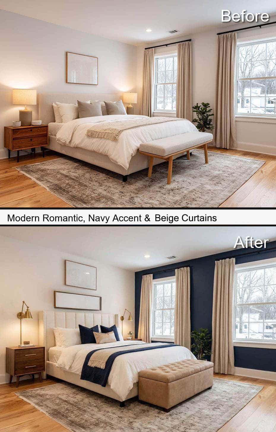 Bold-Modern Bedroom with Navy Accent & Beige Curtains