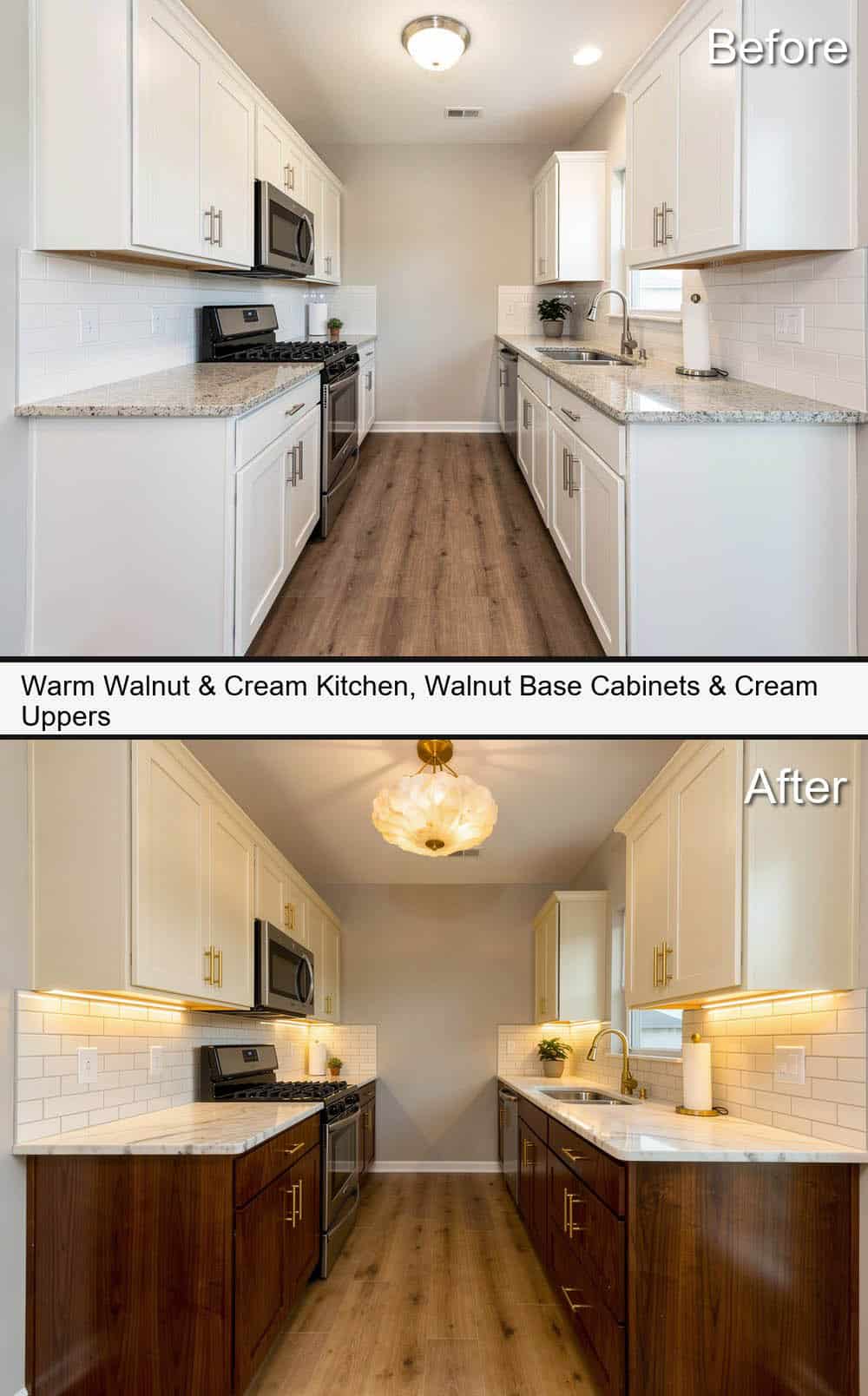 Warm Walnut & Cream Kitchen with Walnut-Base Cabinets, Cream Uppers & Brass