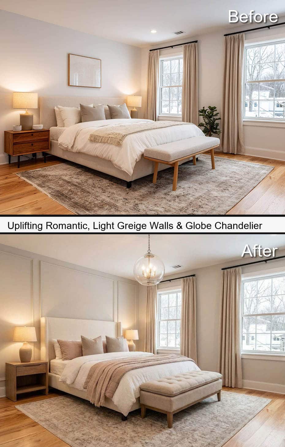 Uplifting Bedroom with Light Greige Walls & Globe Chandelier